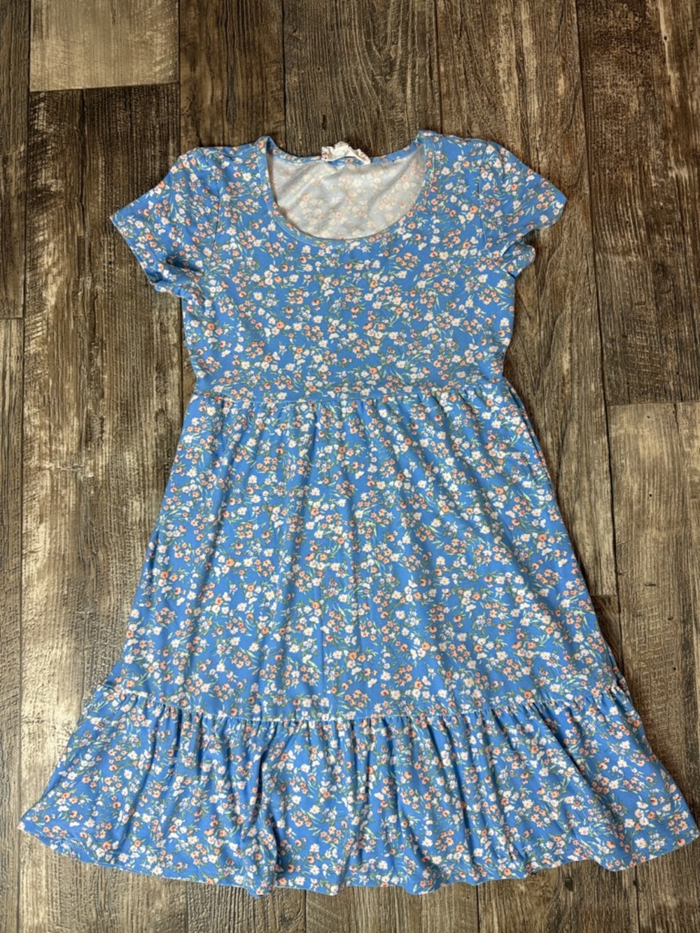 Pink Rose Blue Floral Casual Kids Dress, Size 10-12